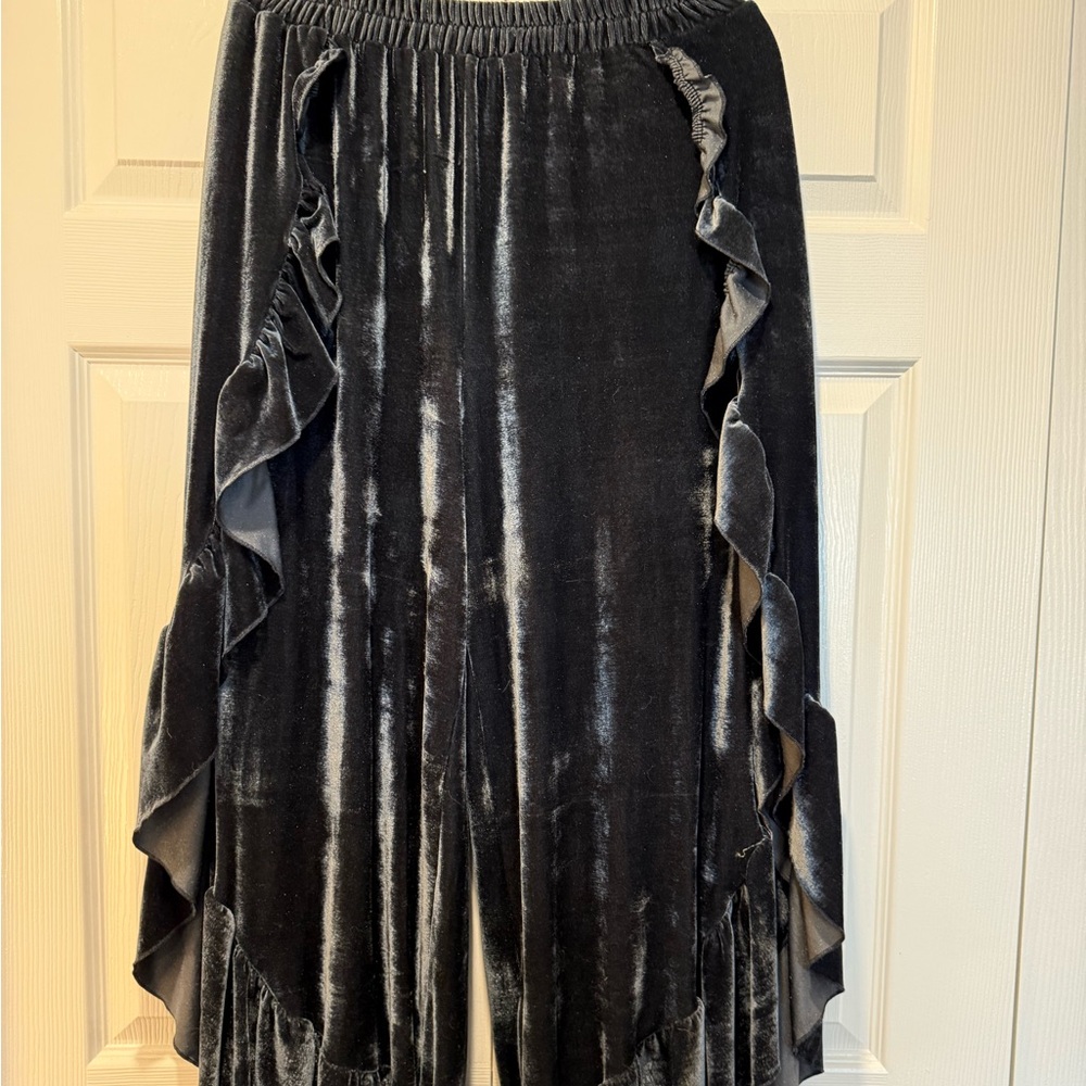Dusty Black Velvet Pant with Ruffle Detail